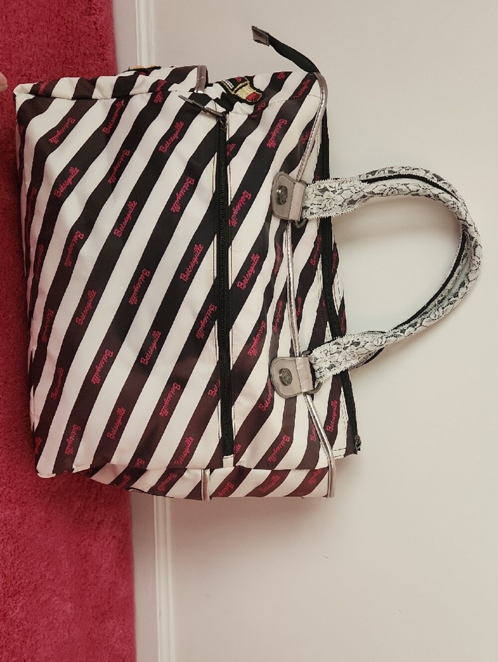 Betsey Johnson Black & White Striped Patchwork Tote with Pink Accents - Picture 5 of 7